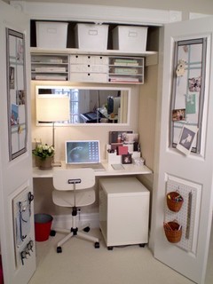 creating a home office can be a piece of wood perched on cabinets
