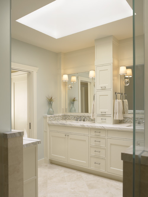 Contemporary Spa Like Bathrooms In Demand, Bathroom Vanity With Tower In Middle