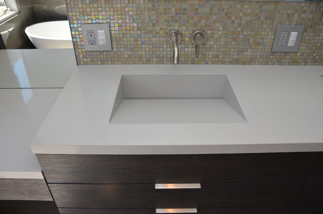 quartz bathroom countertop with integrated sink