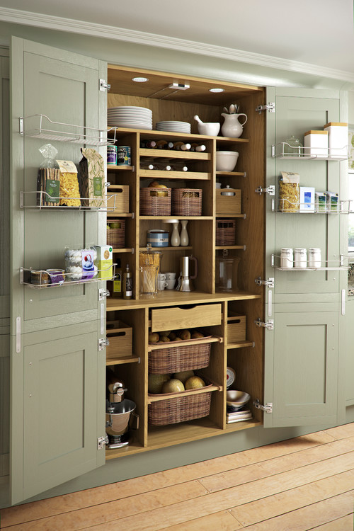 Kitchen Pantry with White Wire Baskets - Transitional - Kitchen