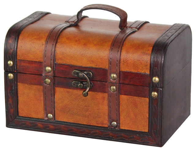 Decorative Wood Leather Treasure Box - Small Trunk Chest - Rustic ...