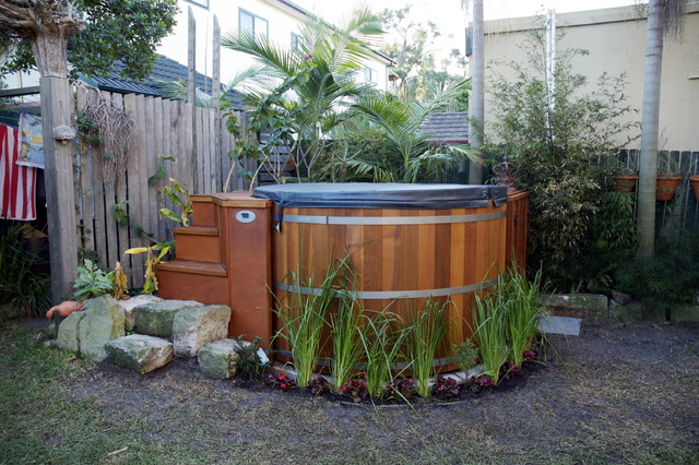 Cedar Hot Tub installation with custom made stairs and enclosure ...