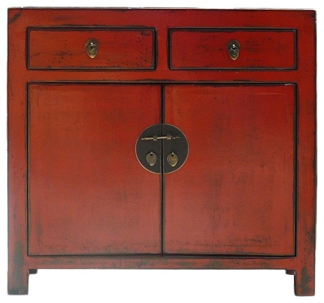 Red Rustic Lacquer Slim Side Table Cabinet - Eclectic - Bathroom ...