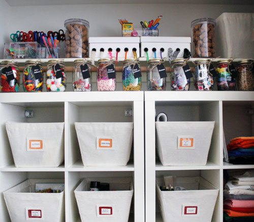 organizing a closet can use a few big storage bins, or lots of little jars for craft materials