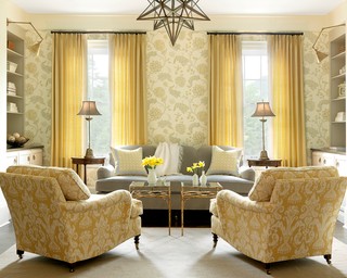 Gray and Yellow Beach Style Family Room