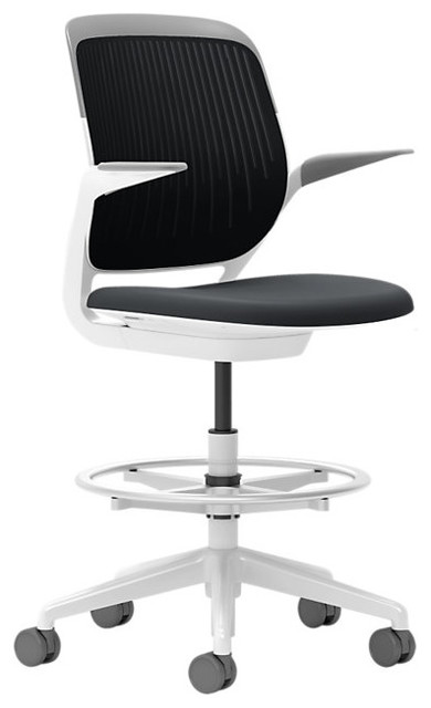 Steelcase Cobi Stool, White Frame w/Arms & Soft Casters, Licorice ...