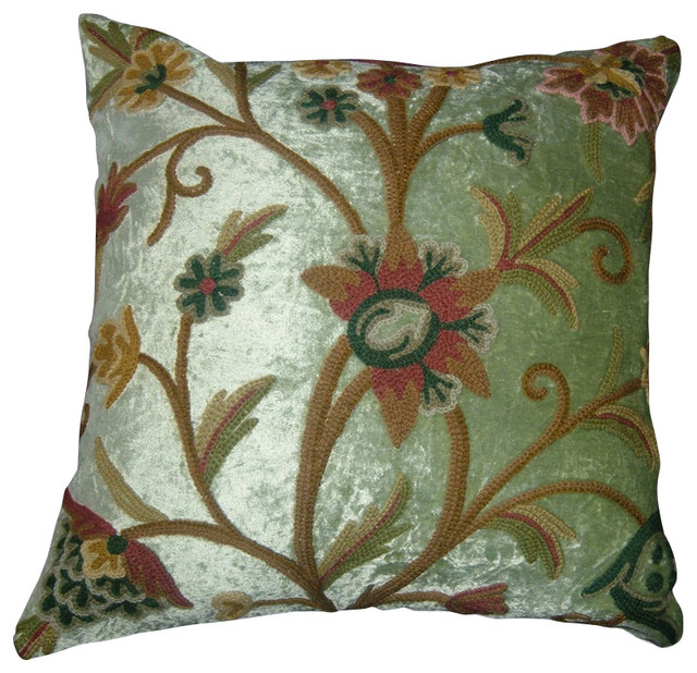 Crewel Pillow Tree of Life Pistachio Rayon Velvet 16x16 Inches ...