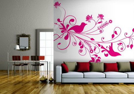 Hot Pink Roses Wallpaper Murals Design in Small Living Room - Modern ...