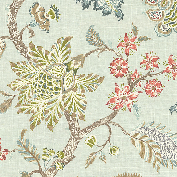 Pale Aqua Delicate Floral Linen Fabric - Traditional - Upholstery ...
