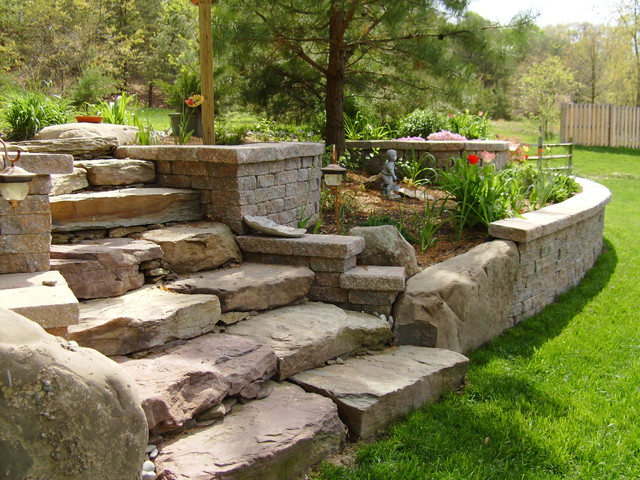 Natural Stone Steps Built into Retaining Wall