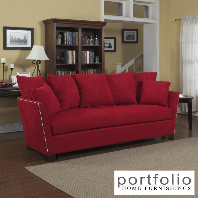 Portfolio Lucie Red Microfiber Flared Arm Sofa - Contemporary - Sofas ...