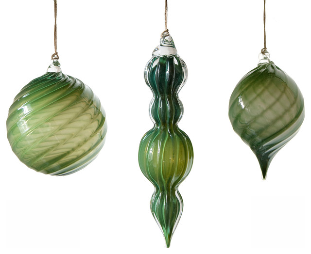 Set Of Dark Green Holiday Ornaments With Twisted Optics - Traditional ...