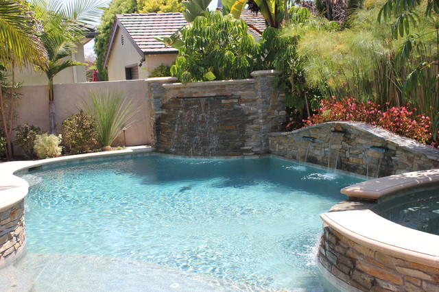 Pool and Spa - Stacked Stone Wall Water Features