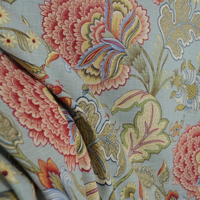 Meadowlark Surf Blue Green Rust Jacobean Floral Drapery Fabric ...