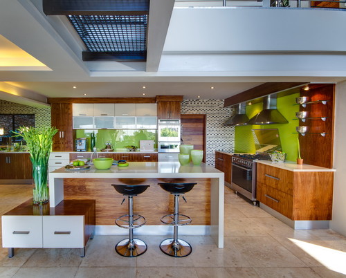 contemporary kitchen with wide plank floors