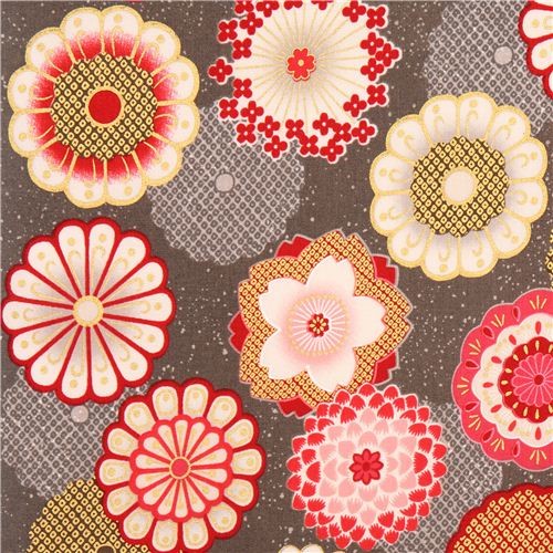 brown Japanese flower Asia fabric Robert Kaufman Satsuki - Fabric