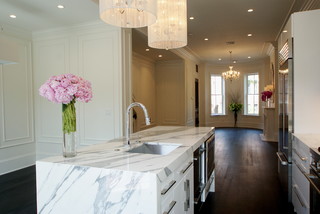 kitchen island with white marble countertop