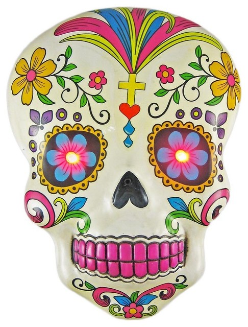 White Day of the Dead Skull Wall Hanging With LED Eyes - Contemporary ...