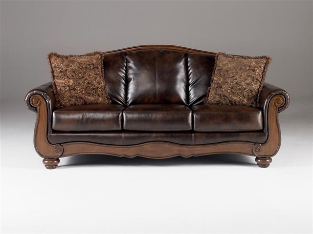 Faux Leather Sofa w Wood Accented Armrests - Contemporary - Sofas - by ...