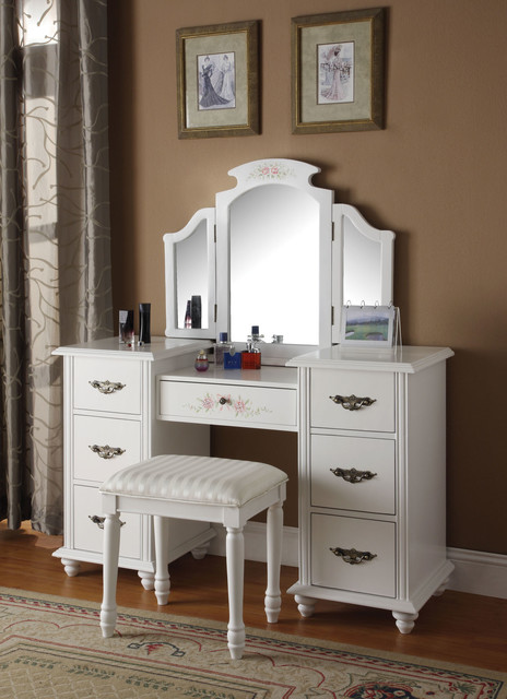 Torian White Vanity Set with Tri-Fold Mirror - Traditional - Bedroom ...