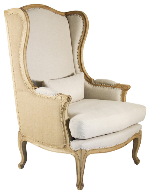 Leon French Country High Back Linen Wing Chair - Farmhouse - Armchairs ...