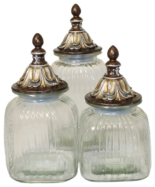 Urban Designs Baroque Gift 3-Piece Glass Canister Set - Antique Gold ...