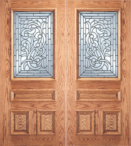 Asymmetrical Floral Scrollwork Glass, 3-Panel 1/2 Lite Double Door ...