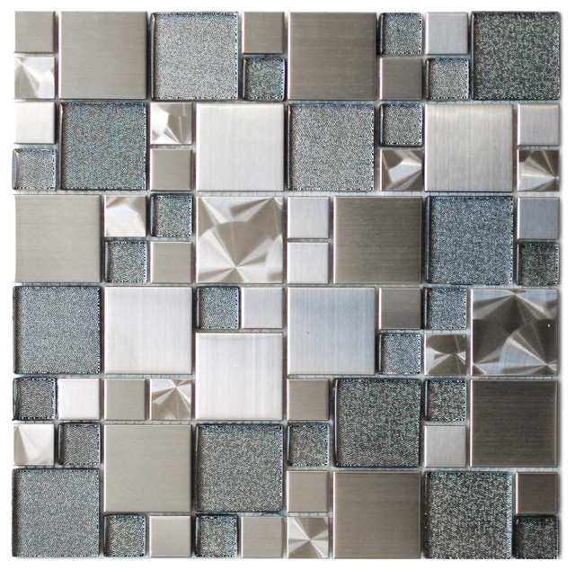 Modern Cobble Stainless Steel With Silver Glass Tile, Sheet