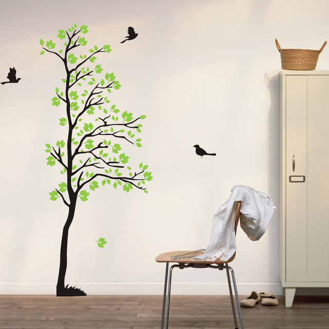 wall decals tree flying birds wall art green leaves nature wall decal ...