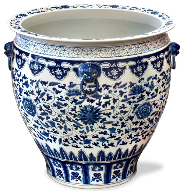 24in Hand Painted Blue and White Canton Fishbowl - Asian - Indoor Pots