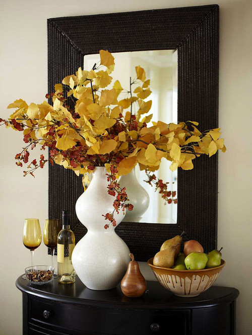 Fall Decorating Ideas - Fall flowers and a bowl of fruits in the foyer