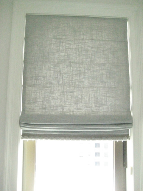 Silver Metallic Linen Roman Shade with Silver Crystal Beading Trim