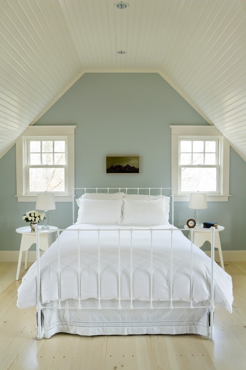 cozy cottage bedroom with benjamin moore quiet moments paint on walls