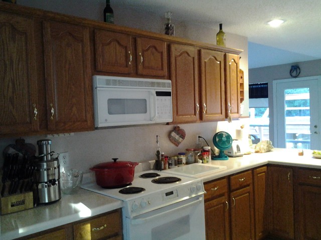 I have honey oak cabinets and a light mauve formica countertop with ...