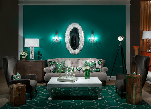 Obývací pokoj v trendy smaragdové