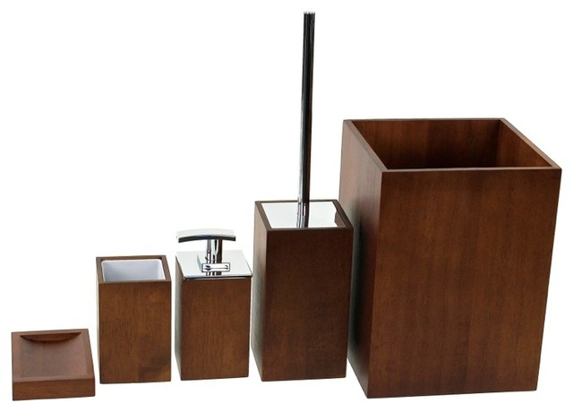 Wooden 5 Piece Brown Bathroom Accessory Set, - Contemporary - Bathroom ...