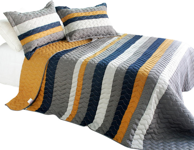 Morning Stripe Cotton 3PC Vermicelli-Quilted Striped Quilt Set Full ...