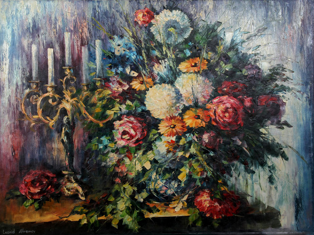 Leonid Afremov, Flower arrangement with Candelabra, Oil Painting ...