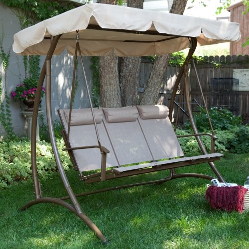 Realever Solano 3 Person Textilene Canopy Swing with Headrests - Sand ...