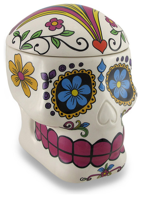 White Day of The Dead Sugar Skull Style Ceramic Cookie Jar ...