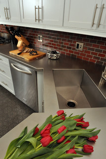 kitchen counter with stainless steel countertop