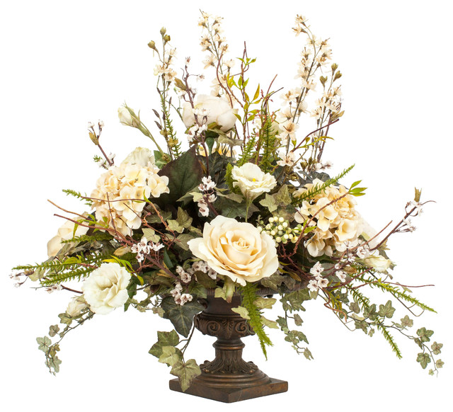 Silk Floral Arrangement in Bronze Urn - Traditional - Artificial ...